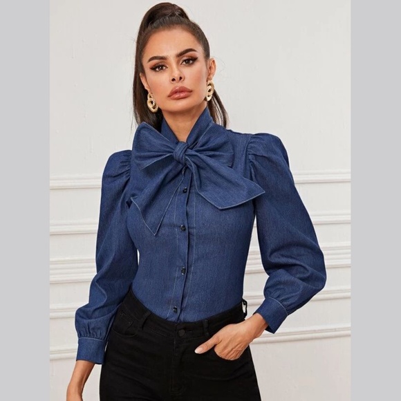 Denim Bow-Tie Blouse – Medium – Puff Sleeve Button-Down - Picture 1 of 7